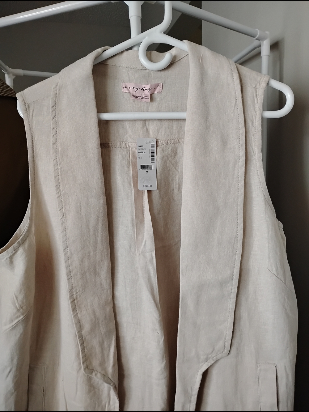PENNINGTONS Cream Linen-Blend Shawl Collar Sleeveless 2 Pockets Open Front  Vest